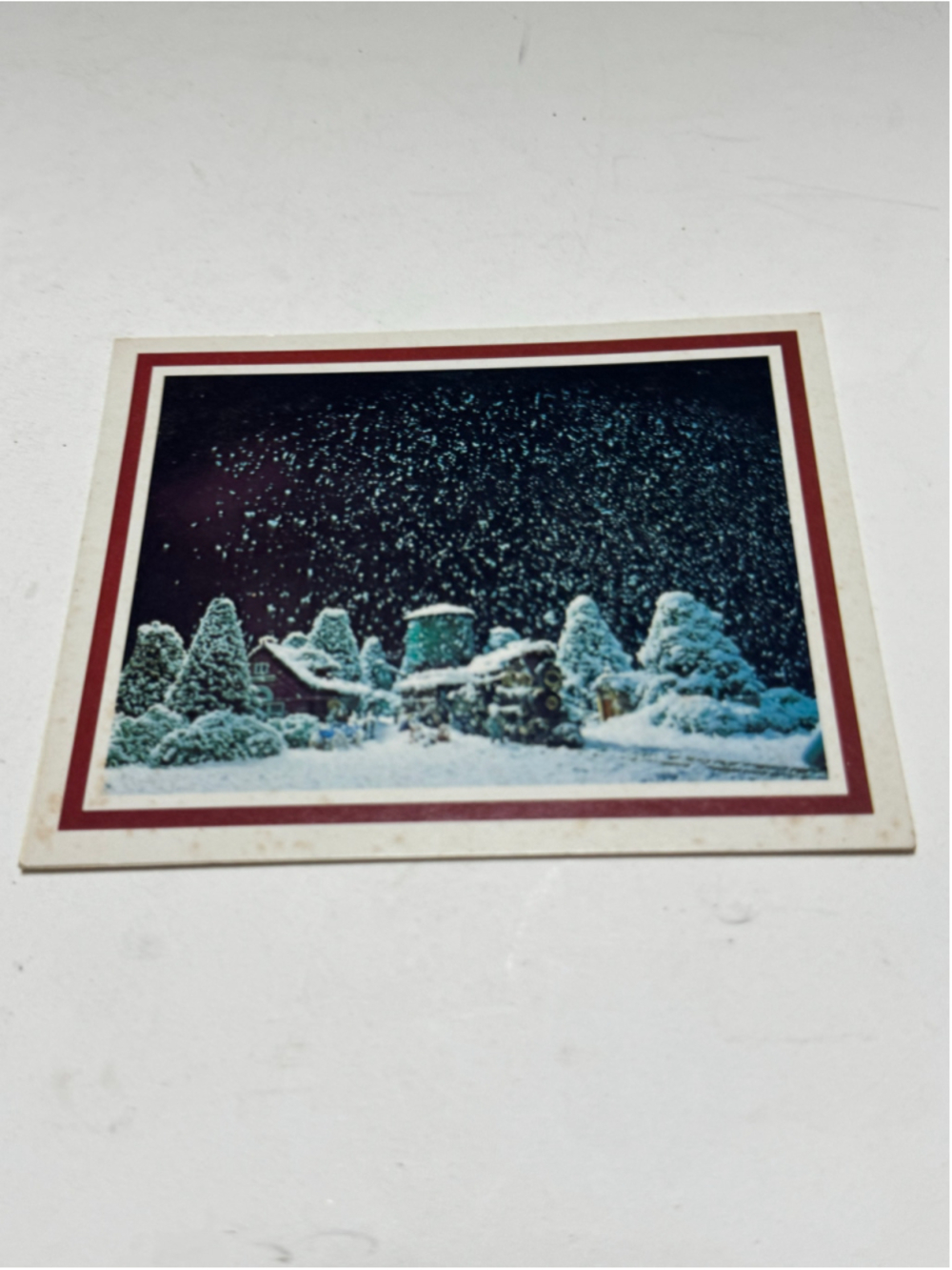 Vintage Unused Holiday Greeting Card Cabin & Railway in Snowy Woods